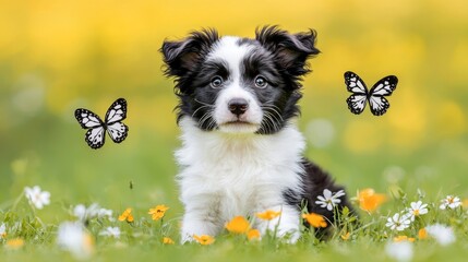 puppy pet camping concept Playful puppy surrounded by flowers and butterflies.