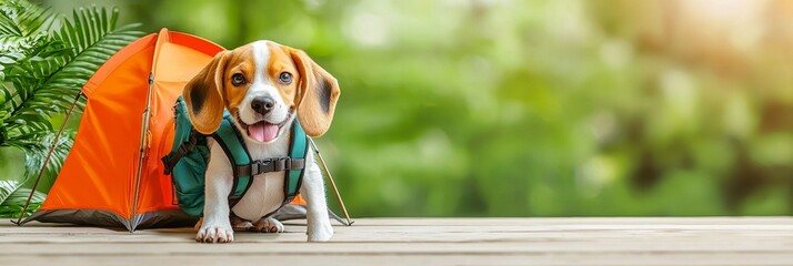 puppy pet camping concept Happy dog with a tent in a lush outdoor setting.