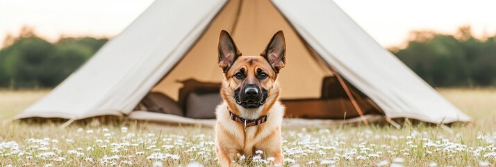 puppy pet camping concept Dog in front of a tent in a grassy field at sunset.