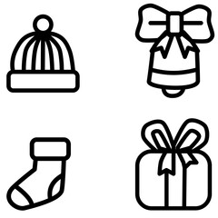 Set of four outlined Christmas and winter holiday icons: gift box with bow, striped knit hat, bell with bow, and stocking.
