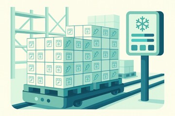 Efficient logistics management of vaccine storage represented in an organized industrial environment with stacked pallets and temperature control systems for optimal distribution