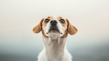 puppy pet camping concept Curious dog gazing upwards in a soft background.