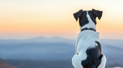 puppy pet camping concept Dog gazing at a scenic sunset view.