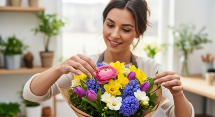A woman arranges a vibrant bouquet of flowers in a modern indoor setting with plants.