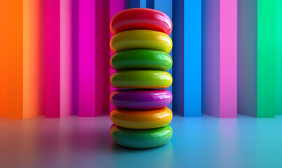Stack of glossy colorful torus rings arranged vertically against gradient background in vibrant abstract composition.