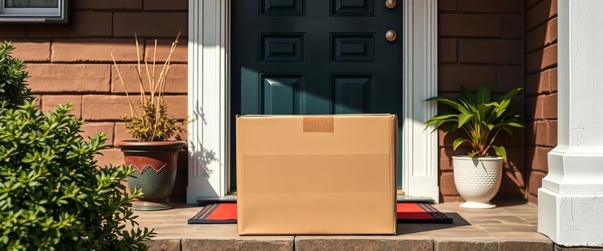 A cardboard box on a doorstep, ready for delivery, mail, destination
