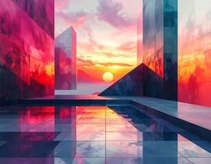 Surreal digital architecture reflecting sunset over a mountain range