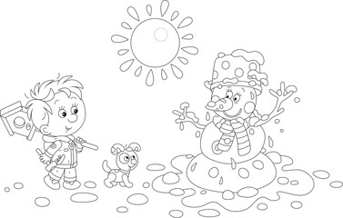 Melting snowman and a happy little boy with a funny puppy walking and carrying a small wooden homemade birdhouse to nail it to a tree in a spring park, black and white outline vector cartoon illustrat