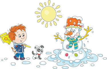 Melting snowman and a happy little boy with a funny puppy walking and carrying a small wooden homemade birdhouse to nail it to a tree in a spring park, vector cartoon illustration on white