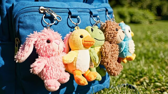 Cute Stuffed Animals Attached to Backpack on Outdoor Sunny Day