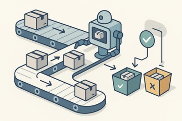 Obraz premium Automated Sorting System with Conveyor Belt and Robotic Arm Efficiently Channeling Packages Towards Correct Packaging Based on Quality Control Parameters