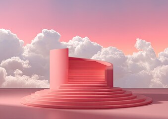 Pink spiral staircase on a platform, against a soft sunset and cloudy sky