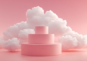 Pink podiums with fluffy clouds