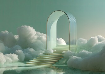 A glassy archway leads upward on a cloud-covered platform
