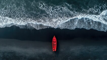 Red boat on dark beach, aerial view (1)