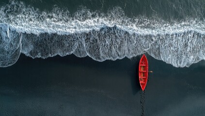 Red boat on dark beach with waves