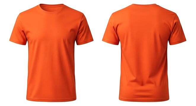Front and back view of a plain orange tshirt isolated on white background