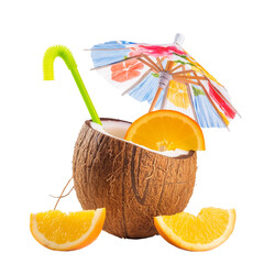 Coconut cocktail with orange slice and umbrella