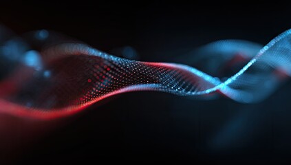 Glowing digital wave of dots, abstract, futuristic, blue and red hues