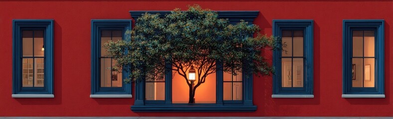 Row of windows on a red wall at night