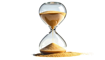 A clear glass hourglass with sand flowing from top to bottom, sitting against a black background