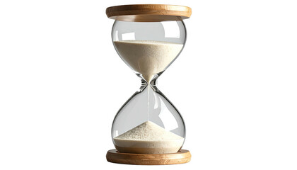 A clear glass hourglass with sand flowing through, set against a stark black background