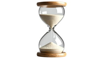 A clear glass hourglass with sand flowing through, set against a stark black background