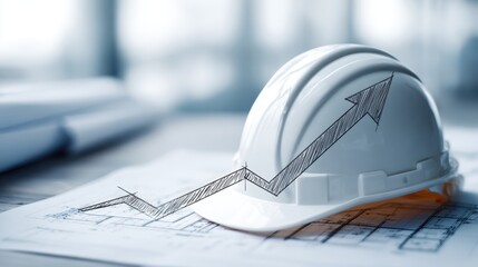 Construction hard hat with upward trending graph sketch symbolizing growth and success