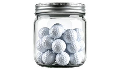 A clear glass jar filled with many white golf balls, with a silver lid