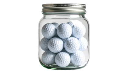 A clear glass jar filled with multiple white golf balls, viewed with a black background