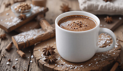 Hot chocolate or cocoa in a white mug with warming spices: star anise and cinnamon on a rustic wooden table
