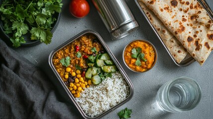 Delicious Indian meal with rice, lentils, and fresh vegetables served in a stainless steel lunchbox on a gray table