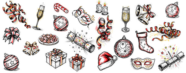 Hand-Drawn Christmas Doodle Set with Winter Holiday Objects, Gifts, Ornaments and Cozy Festive Symbols, Playful Seasonal Illustration Collection