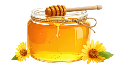 A clear glass jar overflowing with golden, viscous liquid, a honey dipper, and sunflowers