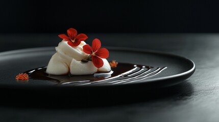 Elegant dessert arrangement with chocolate sauce, edible flowers, and delicate textures on a dark plate