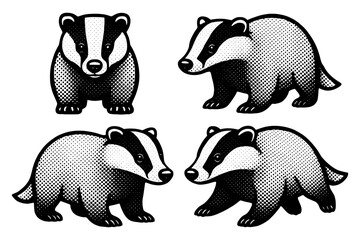 Fototapeta premium Retro style black and white badger set with halftone shading