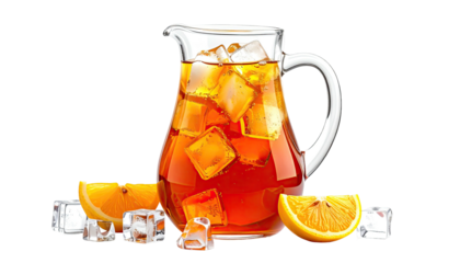 A clear glass pitcher filled with iced beverage and orange slices