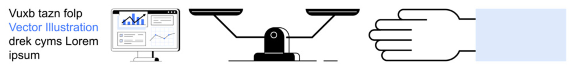 Data analysis, decision-making, trade-offs, fairness, technology, and communication. A monitor with diagrams, weighing scale hand gesture and an abstract blue shape. Data analysis and fairness