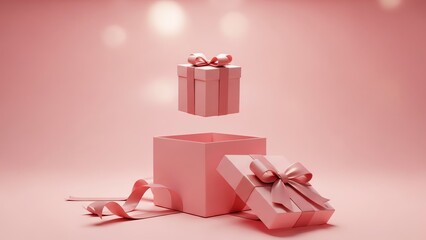 Pink gift box and floating present with ribbon