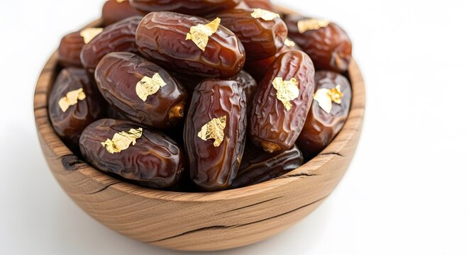Delicious medjool dates with gold leaf in a rustic wooden bowl