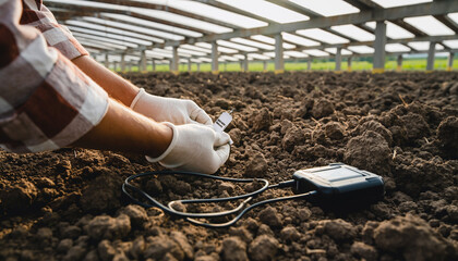 Hands Using Soil Sensor Device In Outdoor Field