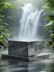 Marble cube pedestal with jungle waterfall background