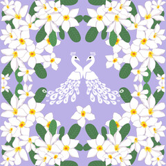 Elegant vector artwork featuring a white peacock surrounded by soft pink and purple flowers on a lavender background, perfect for fabric prints, wallpapers, and decorative design projects.