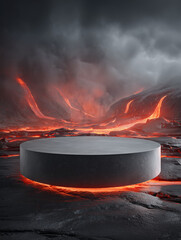 Round platform on lava field with fiery mountains