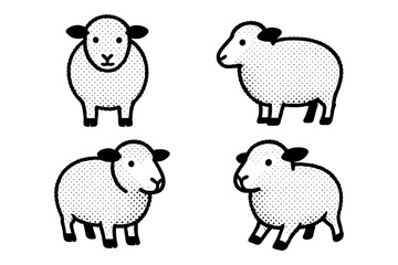 Obraz premium Set of cute halftone sheep in simple black and white style for farm design