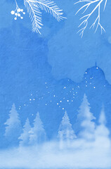 Winter watercolor banner with doodle elements. Snowy winter landscape. Watercolor sketch of winter forest on textured paper