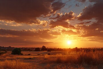 Vibrant sunset casts warm light over a grassy field and distant trees under a cloudy sky