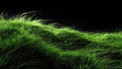 Vivid green grass swaying in an unseen breeze under a star-speckled night sky