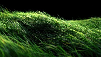 Close-up of vibrant, wind-swept grass with dynamic light and shadow against a black backdrop