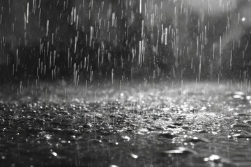 Black and white image capturing heavy rain falling on a wet surface. Drops create texture and patterns